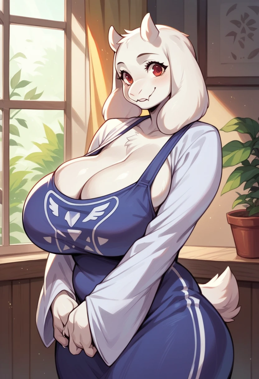 Toriel, 1girl, furry, furry_female, goat_ears, goat_girl, inside, SMILE, Alone, huge tits