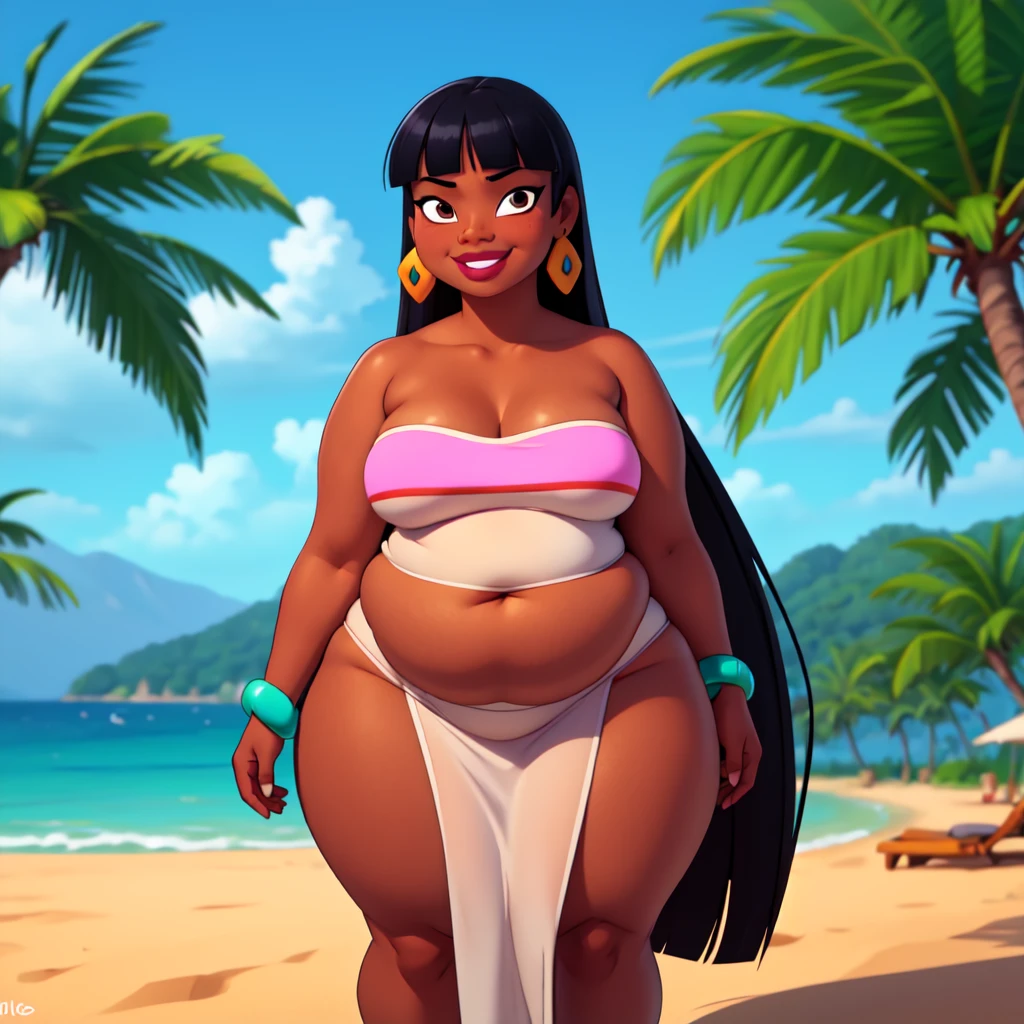 (work of art:1.2, best qualityer:1.2), SSBBW, Giant breasts, thunder thighs, soft ambient lighting, perfect lighting, 1 girl, standing alone, Chel, Bblack hair, long hair, rhombus stripe, eyes browns, darkskin, lipstick, breasts big, Broad Hips, top of the tube, neckleace, bared shoulders, emerald earrings, emerald bracelets, looking at the camera with a smug expression on his face, beach background, very large body, fat belly rolls, big breasts, sexy smile, fat arms, thunder thighs, super fat, looking at viewer, wet clothes, sweating very hard, sexy looking, blob