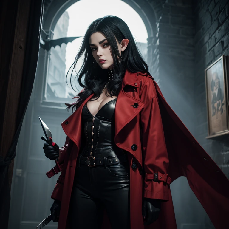 Nosferatu woman pale skin black hair with eyebrow piercing red trench coat black lates pants gloves with spikes holding a knife