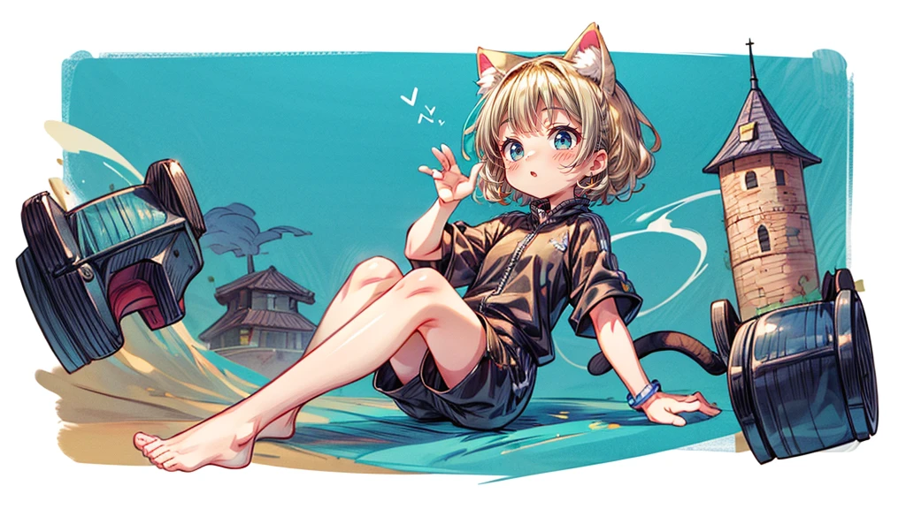 Dynamic pose、look up、short hair、Cat ear、Flying Castle, Full of air,One girl、Big smile、Blonde Hair、short hair、Side hair is curled inward、Curly hair along the jawline、紺色のTracksuits_White line from shoulder to wrist、Black shorts、barefoot、Tracksuits、Turquoise Eyes