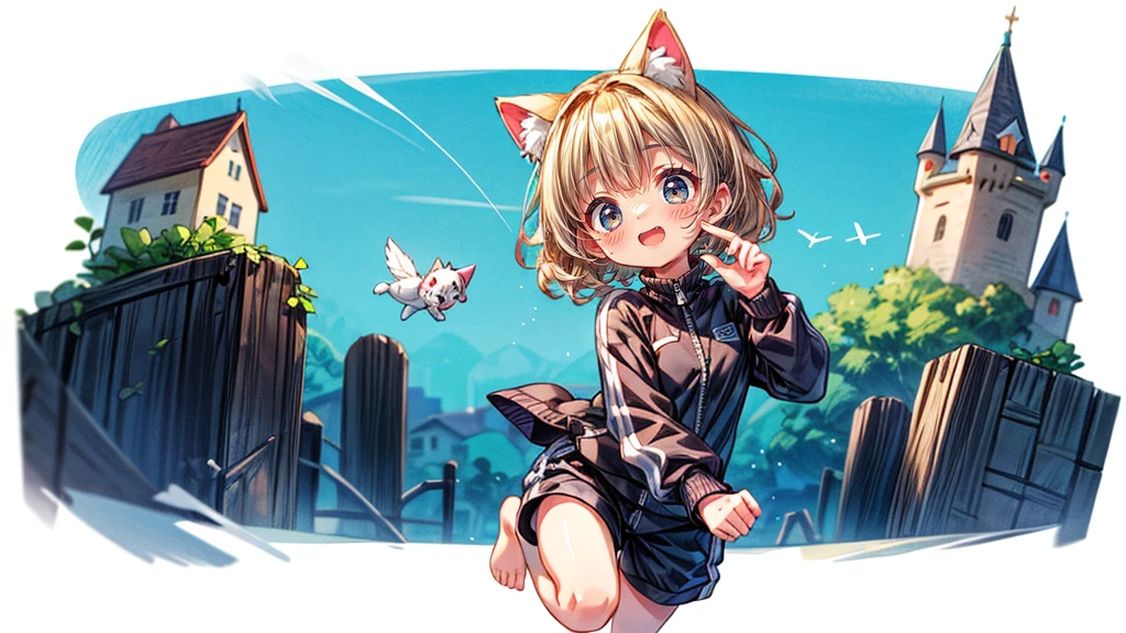 Dynamic pose、look up、short hair、Cat ear、Flying Castle, Full of air,One girl、Big smile、Blonde Hair、short hair、Side hair is curled inward、Curly hair along the jawline、紺色のTracksuits_White line from shoulder to wrist、Black shorts、barefoot、Tracksuits、Turquoise Eyes