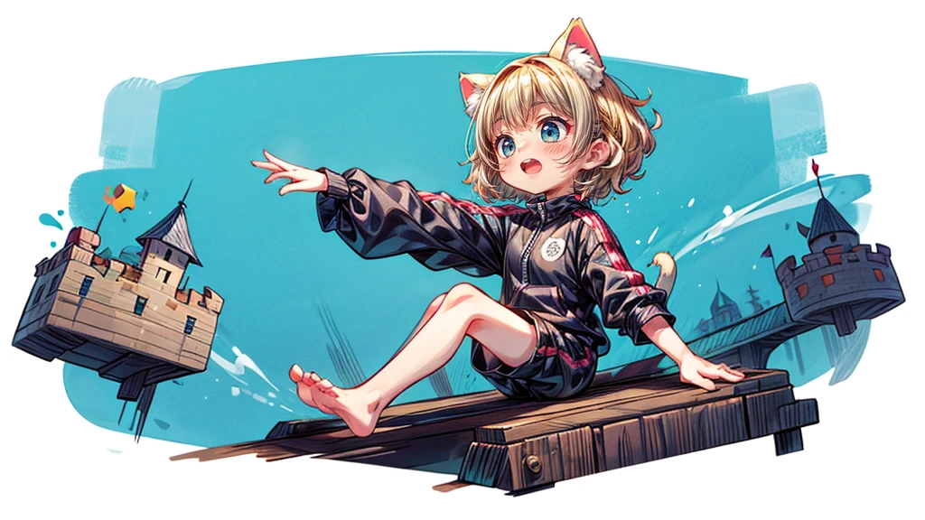 short hair、Cat ear、Flying Castle, Full of air,One girl、Big smile、Blonde Hair、short hair、Side hair is curled inward、Curly hair along the jawline、紺色のTracksuits_White line from shoulder to wrist、Black shorts、barefoot、Tracksuits、Turquoise Eyes