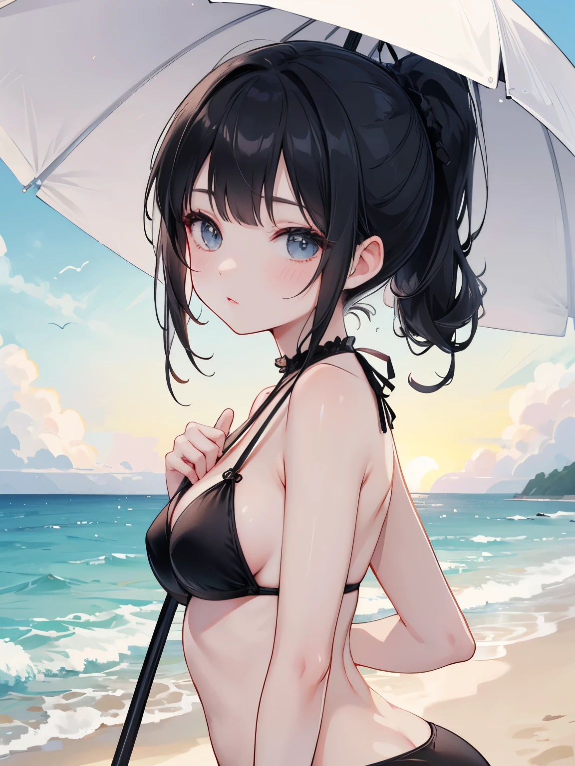 older sister、Hair tied up、Straight Bangs、High resolution、summer、Black Bikini、Ocean、Parasol、At dusk