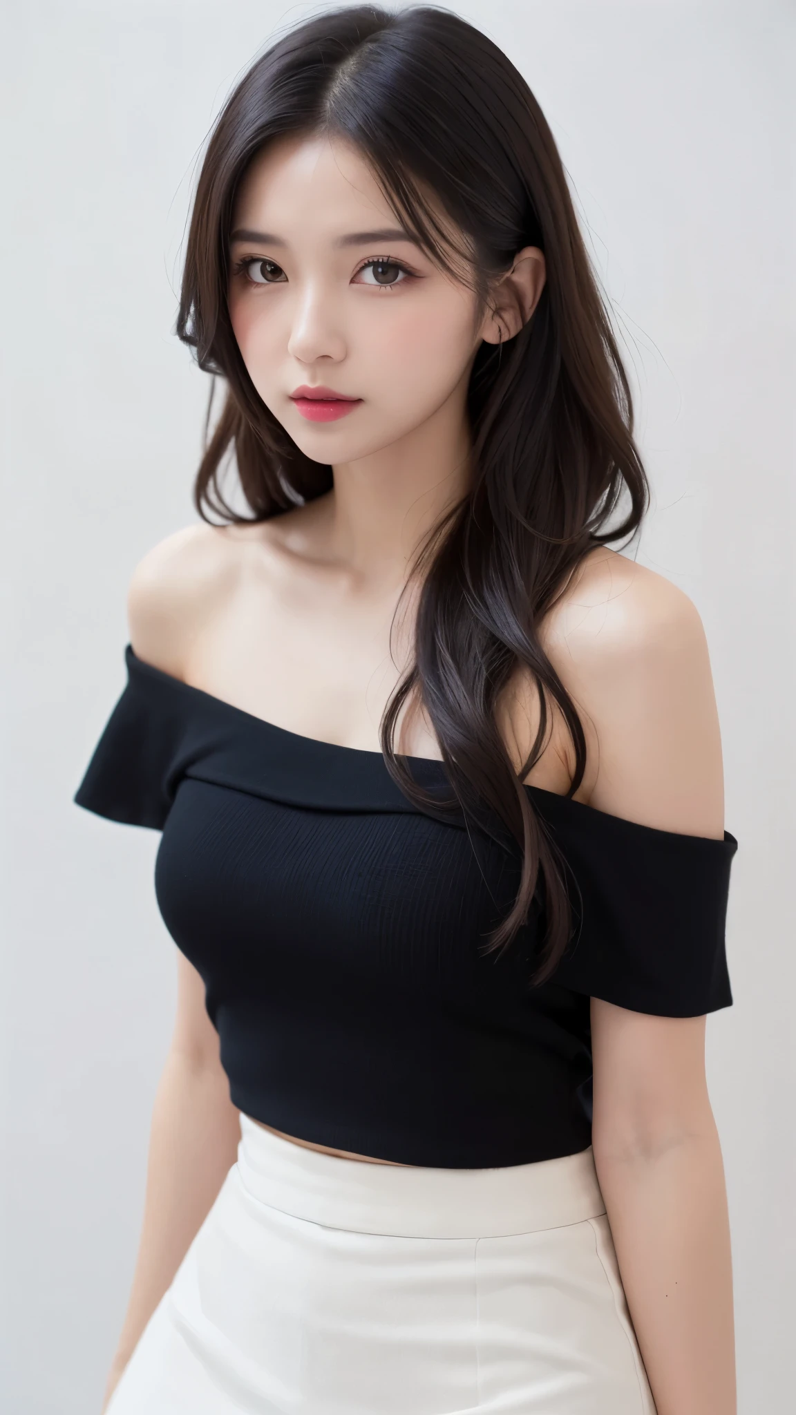 (((forehead、Northern Europe、White people、beautiful girl、Black Hair、White background、Tank top、Off-the-shoulder blouse、mini skirt、long hair、Perm)))、table top, highest quality, figure, super detailed, finely, High resolution, 8k wallpaper, Perfect dynamic composition, detailed and beautiful eyes, Deco out,bionde, super big breasts, Natural color lip,white background, random cute poses,