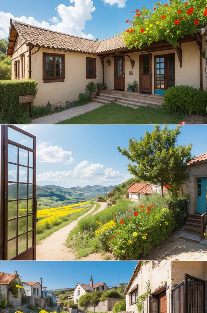 Little house on the small yellow hill with geraniums in the window turkey rooster and duck blue sky and creepers in the gate