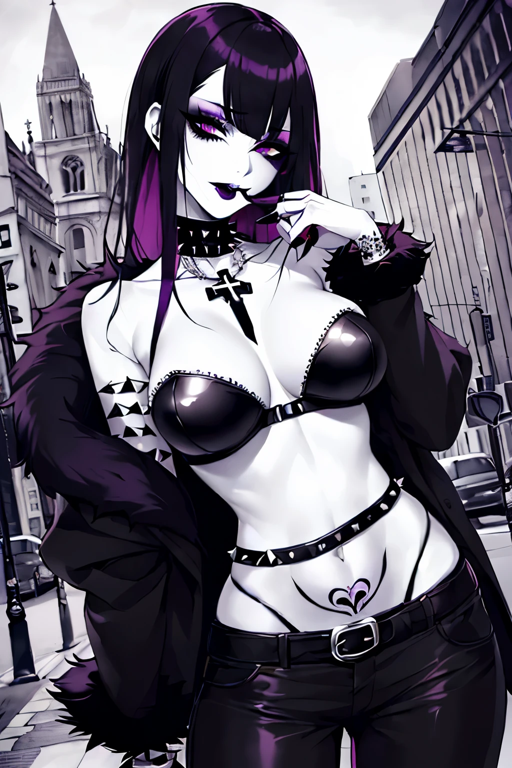 ((best qualityer)), ((highy detailed)), work of art, ((offcial art)), face detailed, beautiful face, (detailedeyes, deep eyes), hinata hyuuga, gazing at viewer, upset (RockOfSuccubus),middle finger, breasts big, へそ,(purple), neckleace, tummy, waist belt, pants, (tatoo:1.1), pubic tatoo,make up, (colored fur:1.3), (black lips:1.3),(lipstick), (pale skin:1.5), cross-laced clothes, (bracelet with spikes), necklase, bustier,scenario, citys, plein-air, (Raby:1.2), (Pingo D'water:1.2), natta, sky, moonligh,intrincately detailed, hyperdetailed, nblurry background,Depth of field, best qualityer, work of art, details Intricate, tone mapping, sharp focus, hyper detailled, trends on artstation,1 girl, high resolution, offcial art, ((arms behind the back))