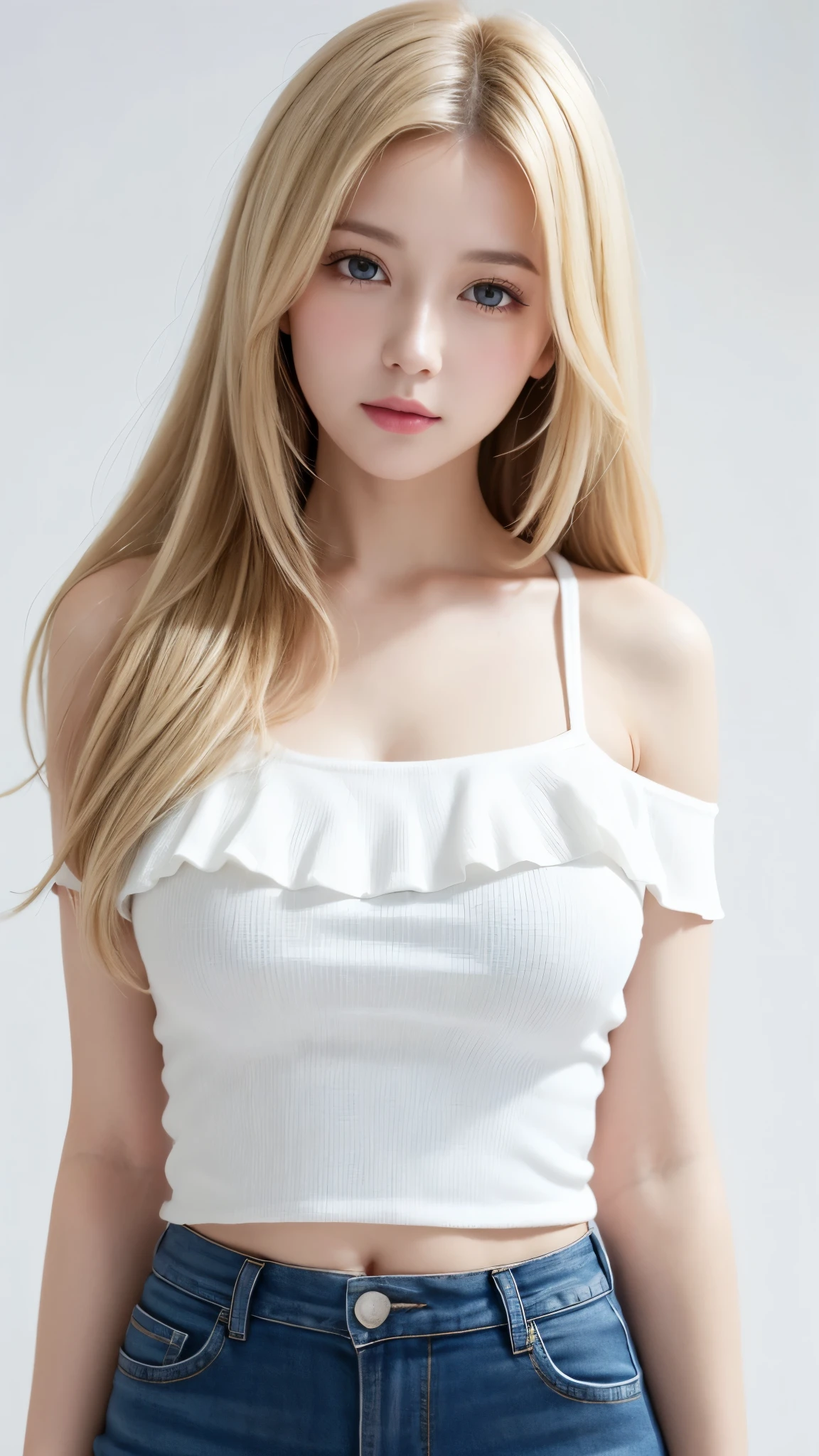 (((forehead、White Blonde Hair、Northern Europe、White people、beautiful girl、Blonde、White background、Tank top、Off-the-shoulder blouse、mini skirt、long hair)))、table top, highest quality, figure, super detailed, finely, High resolution, 8k wallpaper, Perfect dynamic composition, detailed and beautiful eyes, Deco out,bionde, medium hair, super big breasts, Natural color lip,white background, random cute poses,frill dress