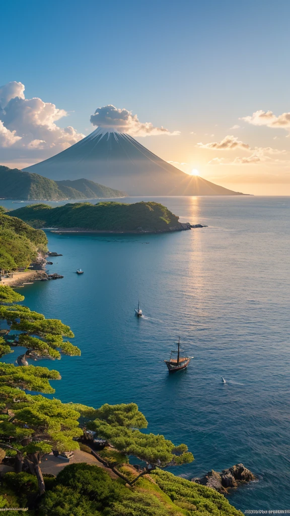 ```
A serene ocean scene with a small island in the background. The island is lush with green trees and has a few traditional Japanese structures. In the foreground, there is a fleet of Murakami Suigun (Japanese pirates) ships, characterized by their wooden hulls and traditional Japanese sails. The ships are intricately detailed, showing elements of Japanese maritime design from the Sengoku period. The sky is clear with a few scattered clouds, and the sunlight reflects off the water, creating a peaceful and historical atmosphere.
```