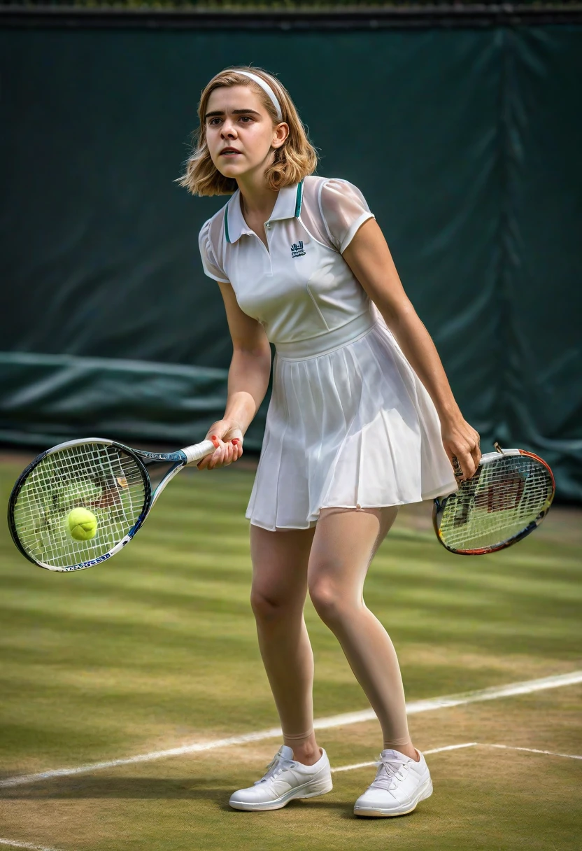 1girl, Kiernan Shipka, full body, white tennis dress, (sheer shiny shimmering silky tan pantyhose:1.7), (5inch white high heeled pumps:1.7), holding tennis racket, playing tennis on a tennis court at Wimbledon, red lipstick, long dangling earrings, extremely short hair with pigtails, glamour photo shoot, wide angle lens, 9:16 aspect ratio, (best quality,4k,8k,highres,masterpiece:1.2),ultra-detailed,(realistic,photorealistic,photo-realistic:1.37),HDR,studio lighting,ultra-fine painting,sharp focus,physically-based rendering,extreme detail description,professional,vivid colors,bokeh