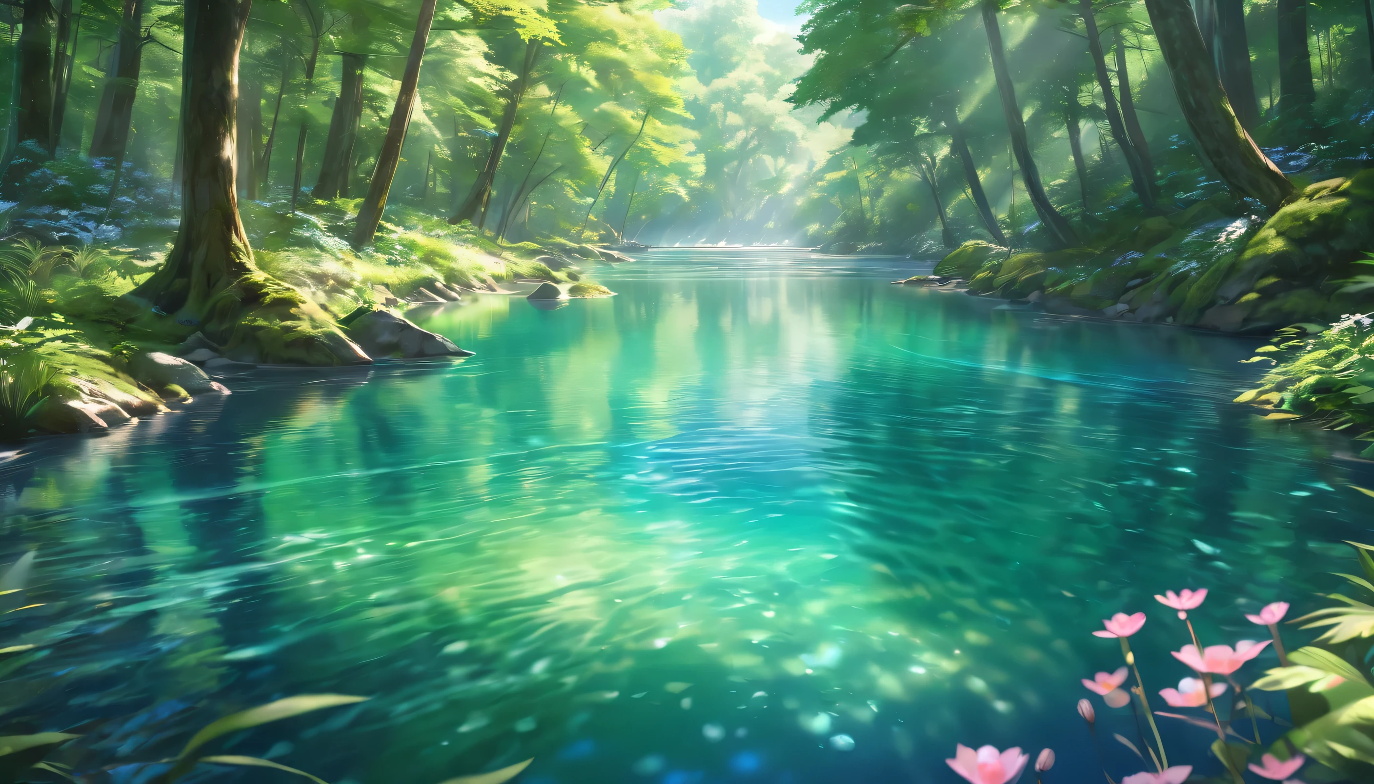long eyelashes, serene peaceful forest, crystal clear spring, rippling water, anime style, distant background, (best quality,4k,8k,highres,masterpiece:1.2),ultra-detailed,(realistic,photorealistic,photo-realistic:1.37),vibrant colors, soft lighting, natural scenery