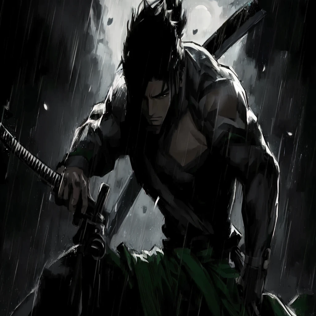 zono one piece com cock samurai, rainy night with the moon in the background, muscled body, wielding a sword in the right hand