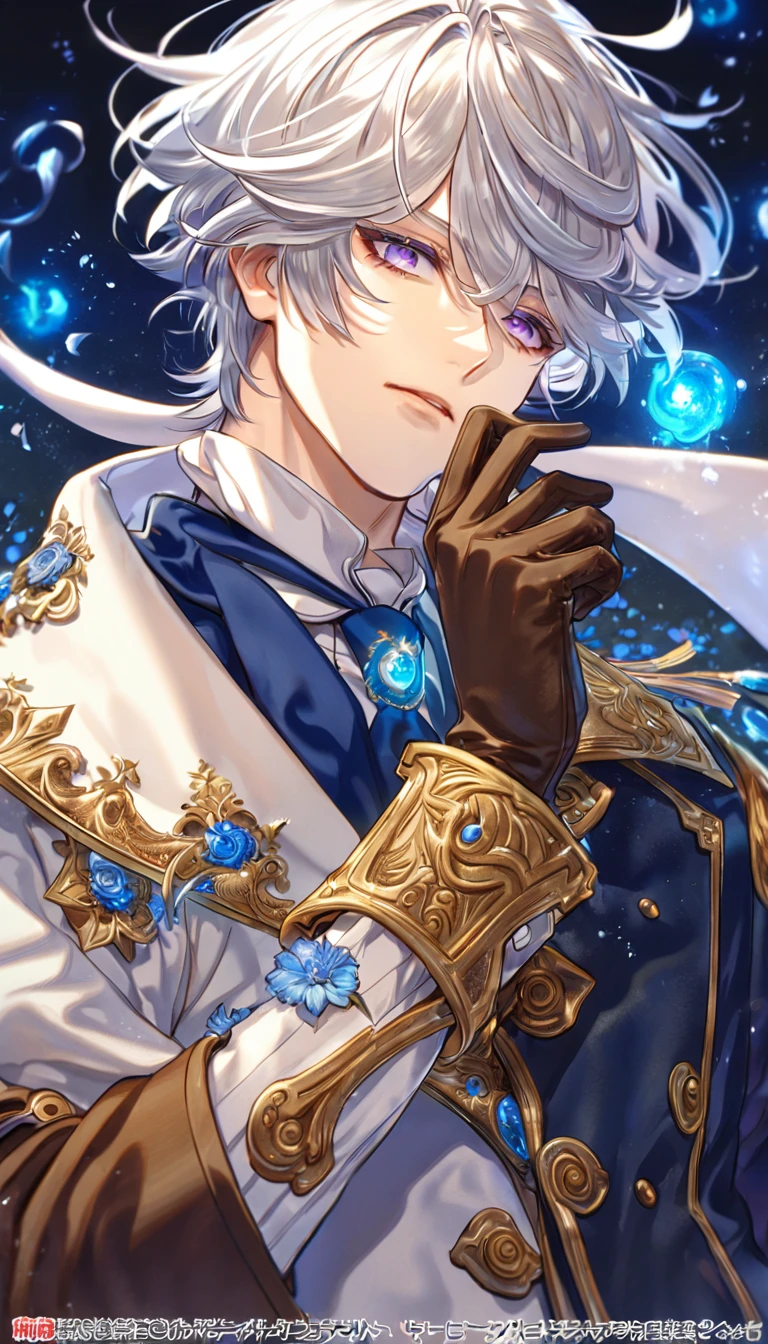 Ultra detailed, highres, absurdres, HDR, master piece, Gauche Suede, messy white hair, short hair, expressive purple eyes, Tegami Bachi, blue petals, white scarf, sexy man, solo, best quality, blue flowers, blue shining fireflies, handsome, fantasy, magical, brown gloves, blue moon, dark blue trademark jacket with white patters, blue necktie, white shirt