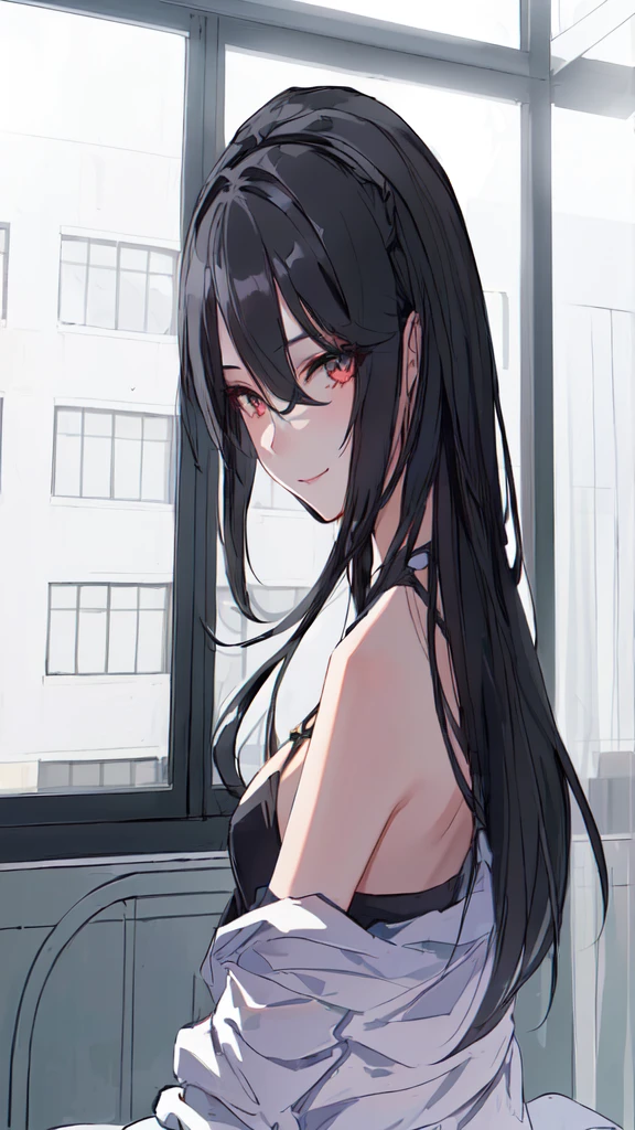 girl with long hair, Bblack hair e mechas roxa, long hair, black hair ((Bblack hair)) sultry gaze, lovely eyes, provocative smile (Bblack hair escuro) Lots of details in the clothes, detailed light and shadow, 8K, Perfect anime