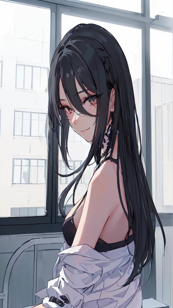 girl with long hair, Bblack hair e mechas roxa, long hair, black hair ((Bblack hair)) sultry gaze, lovely eyes, provocative smile (Bblack hair escuro) Lots of details in the clothes, detailed light and shadow, 8K, Perfect anime