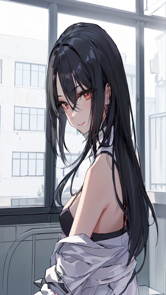 girl with long hair, Bblack hair e mechas roxa, long hair, black hair ((Bblack hair)) sultry gaze, lovely eyes, provocative smile (Bblack hair escuro) Lots of details in the clothes, detailed light and shadow, 8K, Perfect anime