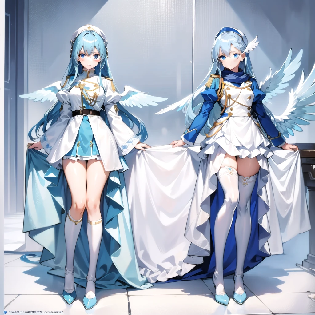 masterpiece, highest quality, highest resolution, clear_image, detailed details, light blue hair, long hair, one girl, light blue eyes, white stockings, military clothing, light blue scarf, light blue wings (2 wings), cute, full body, no water marks