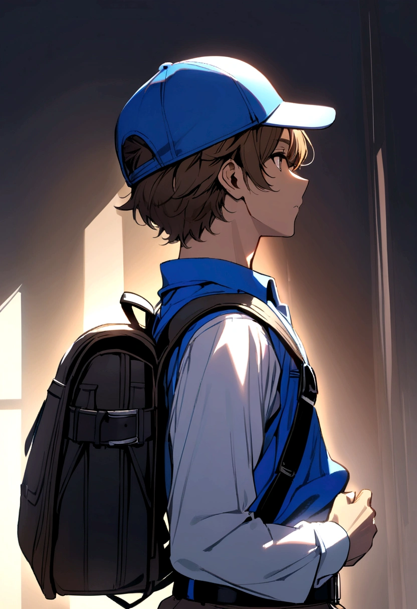 Brown haired boy, blue polo shirt, white sleeves, blue and yellow cap. black backpack, black belt.