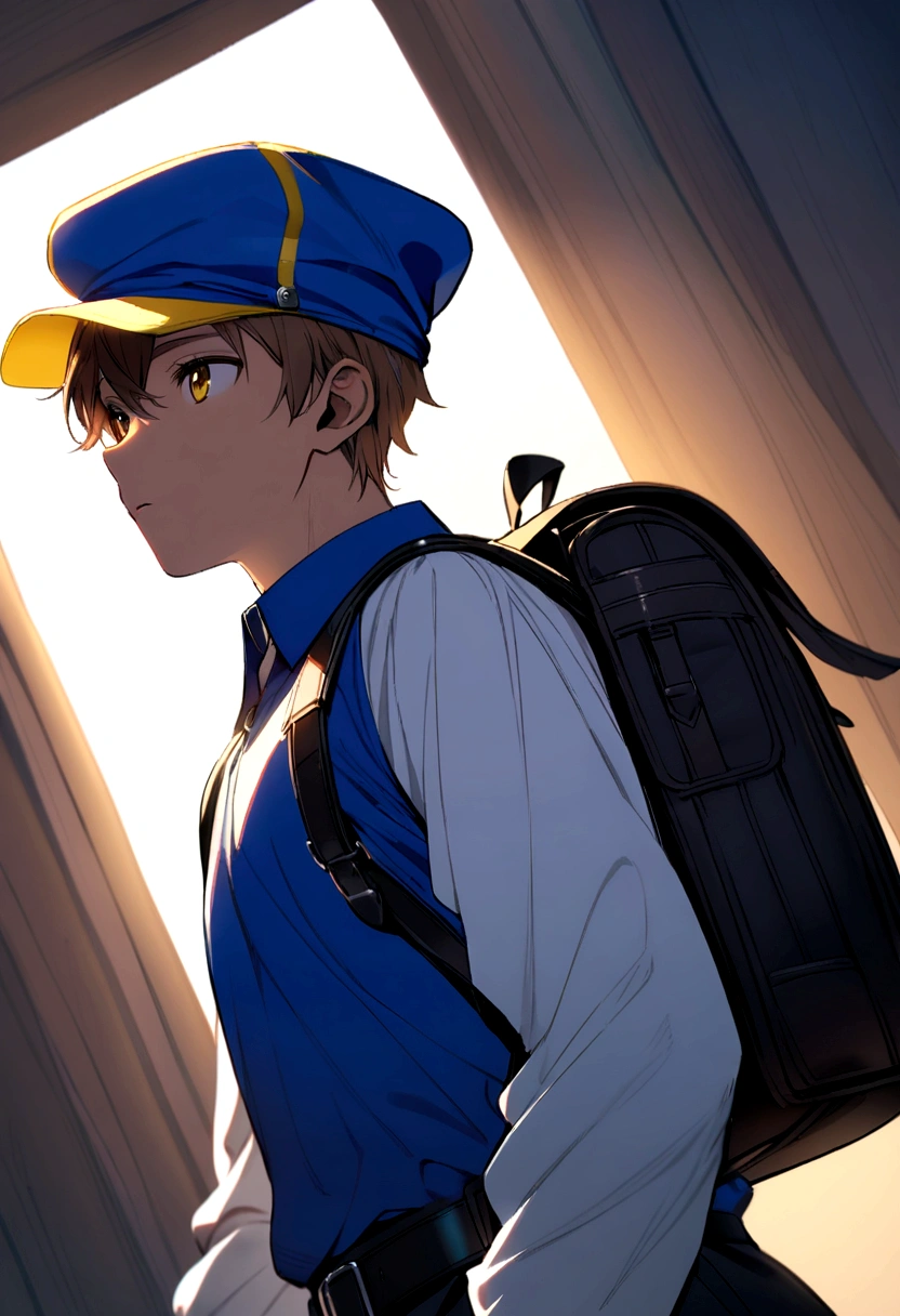 Brown haired boy, blue polo shirt, white sleeves, blue and yellow cap. black backpack, black belt.