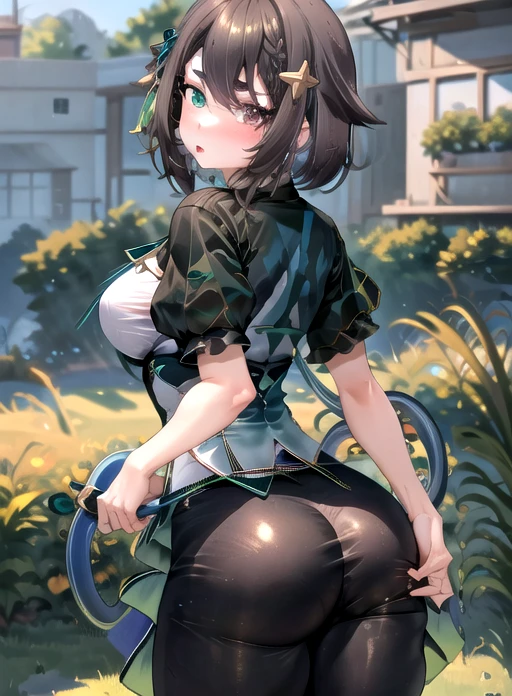 Best Quality, (Masterpiece),(ultra detailed), (high quality), (high resolution), 1 girl, He drowned, black shorts, blush, braid, old, Brown eyes, Brown hair, separate sleeves, to drink, ruffled sleeves, green background, green eyes, hair between the eyes, hair ornament, heterochromia, holding gun, looking at the viewer, Meica, nail polish, amar, short sleeves, business, alone, star hair ornament, Youtuber Virtual, witch. Spanking her ass, tight pants, a tit out of her clothes, bold face. Showing her round ass. animation, marked nipples.