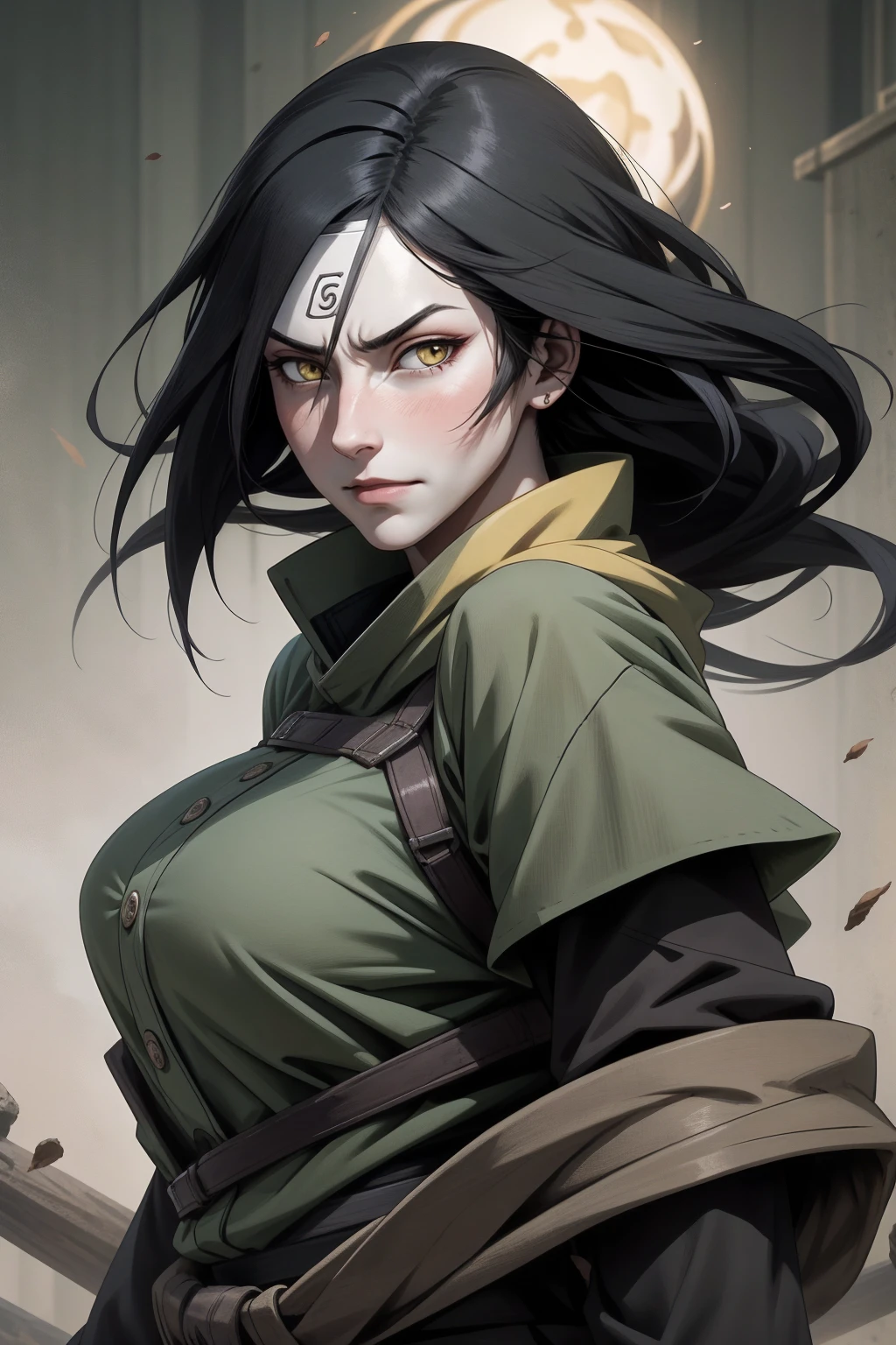 {-erro_de_anatomia:1.0} estilo anime, Masterpiece, absurdities, Orochimaru\(Naruto\), 1girl Solo, Mature woman, Oversized shirt with broad shoulders, Perfect composition, Detailed lips, large breasts, Beautiful face, body proportion, Blush, Long black hair, ( black hair), yellow eyes, (sexy), Soft gauze, Super realistic, Detailed, photo shoot, Realistic faces and bodies, masterpiece, best quality, best illustration, hyper detailed, 1 girl, solo, glamorous, blushing, upper body, fighting, on nature, dimanic poses, backwards, looking back