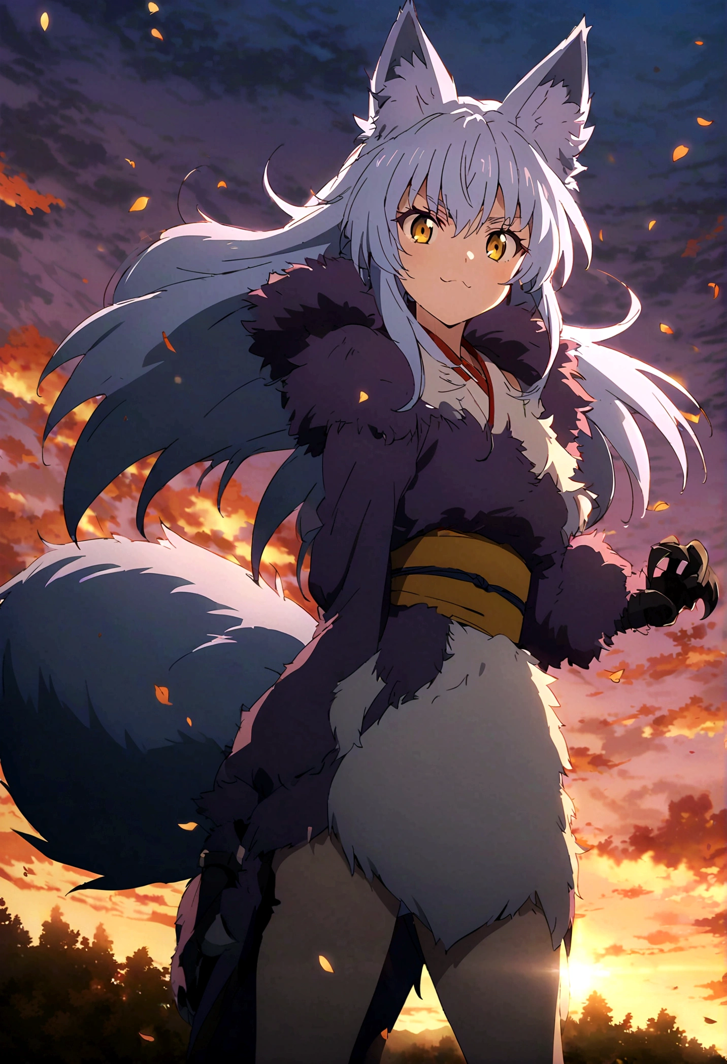 fox Light blue hair 　beast girl　indigo fur　fox beast girl　fox Light blue hair 　beast girl　indigo fur　fox beast girl　Sesshomaru, Yellow eyes, Anime, Perfect face, Perfect Lighting, Outdoors, Warm colors, Dark purple sky, Autumn sunset, \(inuyasha\), Bearing Claw, Ready to fightPerfect Lighting, Outdoors, Warm colors, Dark purple sky, Autumn sunset, fox Light blue hair 　beast girl　indigo fur　fox beast girl