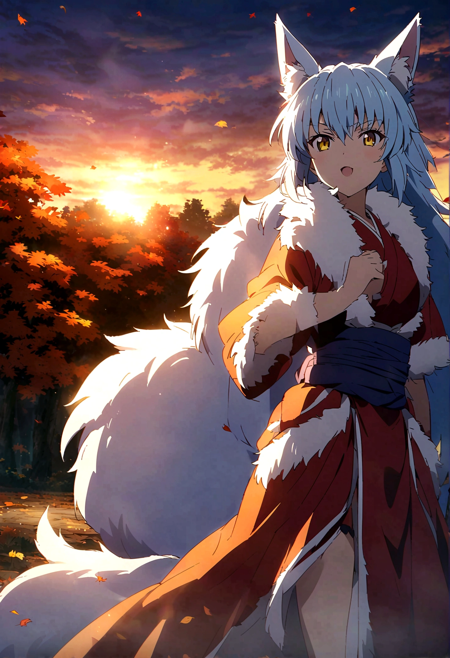 fox Light blue hair beast girl indigo fur fox beast girl fox Light blue hair beast girl indigo fur fox beast girl Sesshomaru, Yellow eyes, Anime, Perfect face, Perfect Lighting, Outdoors, Warm colors, Dark purple sky, Autumn sunset, \(inuyasha\), Bearing Claw, Ready to fightPerfect Lighting, Outdoors, Warm colors, Dark purple sky, Autumn sunset, fox Light blue hair beast girl indigo fur fox beast girl