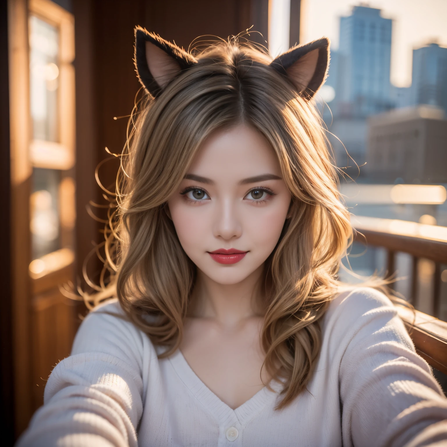 hair, hair bobbles, victory, Long eyelashes, Solid round eye, Fake animal ears, 淡淡的Smile, ears red, direction, Surrealism, shadow, Relief, Stereogram, Standing picture, Throw, Atmospheric perspective, 8K, Super Detail, precise, best quality,xx 混音girl,1 名girl, Fisheye, Selfie, wind, Messy hair, Sunset, city View, (Aesthetics and atmosphere:1.2), White hair,Smile,girl