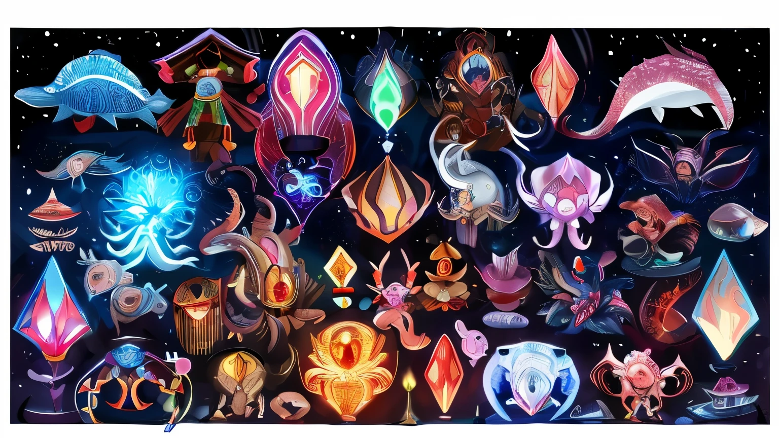 deep sea illuminated by beings that emit bioluminescence: sea monsters Giant squid, Lanternfish, Dragonfish, Goblin shark, Viperfish, Deep-sea anglerfish, Dumbo octopus, Hatchetfish, Comb jelly, Sea cucumber, Deep-sea shrimp, Vampire squid Sea urchin, Yeti crab, Chimaera