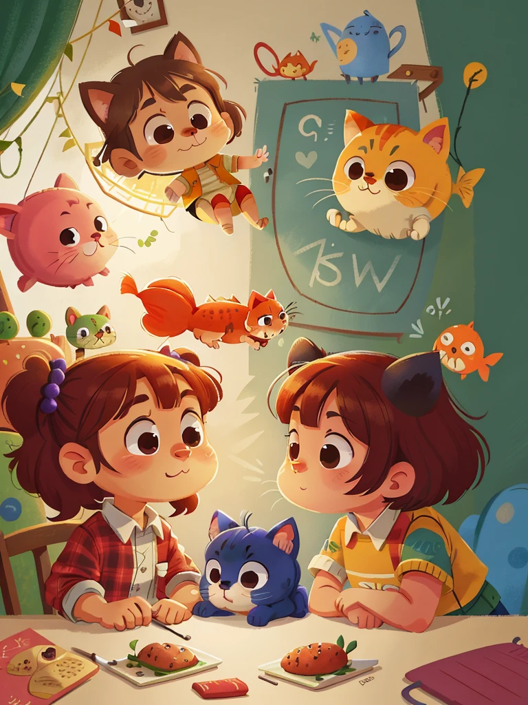 kitchen，Two cats，food，fish， This illustration is a 4K high-definition illustration，The facial features are rich in detail，Cartoon Style，cartoon animals，Animals only，wall，dining table，Dinner Plate，Cat mother，kitten