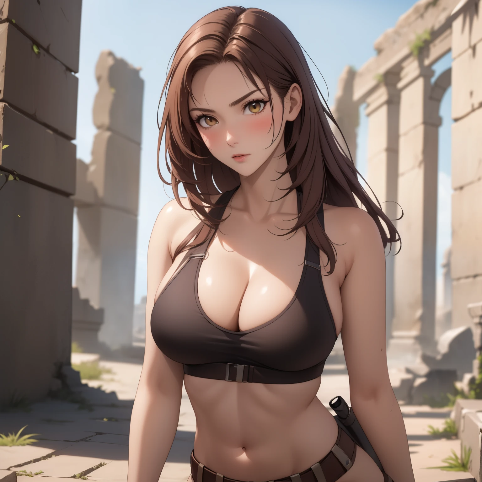  Lara croft woman 20 years old brown hair ,  red like ruby., serious expression, blush,  pale skin, big breasts, lara croft costume, Lara croft cosplay background some ancient ruins.