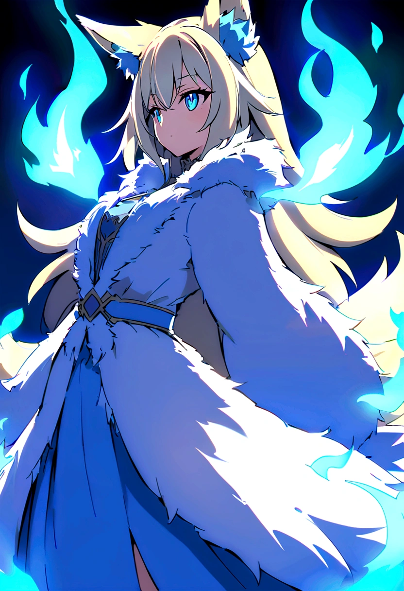 fox Light blue hair beast girl indigo fur fox beast girl Anime Style fox blue White-faced golden-haired nine-tailed fox Coat blue mysterious background Blue Flame girl have a ball of light fox Light blue hair beast girl indigo fur fox beast girl