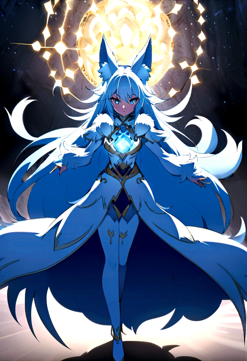 fox Light blue hair 　beast girl　indigo fur　fox beast girl　Anime Style　fox　blue　White-faced golden-haired nine-tailed fox　Coat blue　　　mysterious background　Blue Flame　girl　have a ball of light　fox Light blue hair 　beast girl　indigo fur　fox beast girl