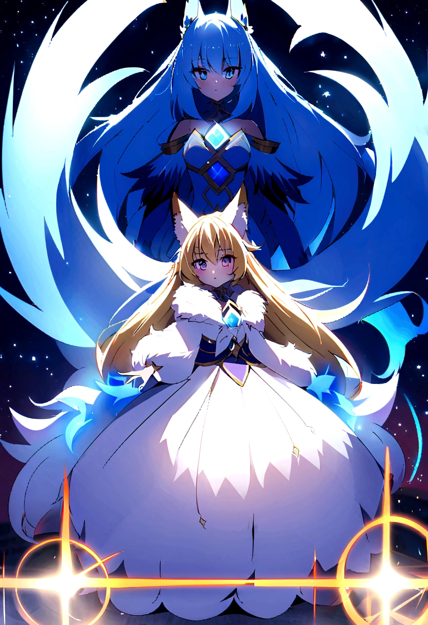 fox Light blue hair beast girl indigo fur fox beast girl Anime Style fox blue White-faced golden-haired nine-tailed fox Coat blue mysterious background Blue Flame girl have a ball of light fox Light blue hair beast girl indigo fur fox beast girl