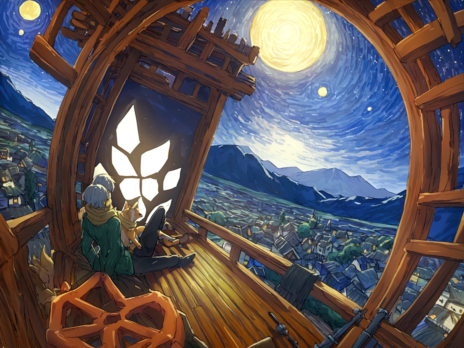 A human boy in a green suit and a gold scarf next to an orange fox both sitting on their backs, seeing a mountain and a town, the night has many stars, but the mountain and the town that are far from the desert where this human and fox meet