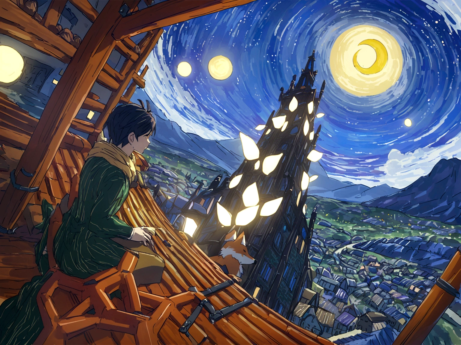 A human boy in a green suit and a gold scarf next to an orange fox both sitting on their backs, seeing a mountain and a town, the night has many stars, but the mountain and the town that are far from the desert where this human  and fox meet