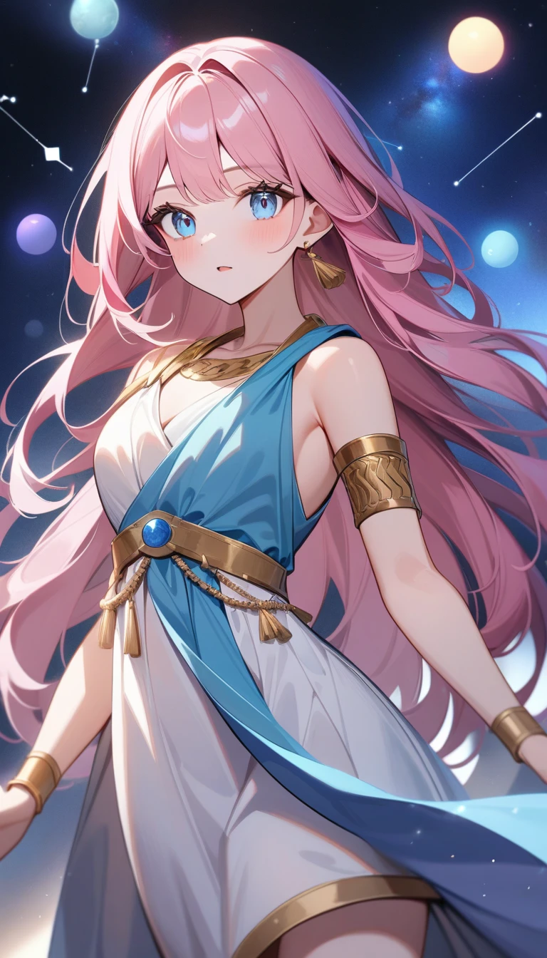 (Huang Li、high quality、Extremely detailed),Constellation - Virgo,Similar to Latin goodness,brave,capricious,Productivity,The face of enterprising and humanitarianism,Pink long hair,Ancient Greek costumes、Wrap Dress,The background is the universe,Crystal blue eyes(Eyes Details),Powerful appearance,Correct finger,Correct anatomy