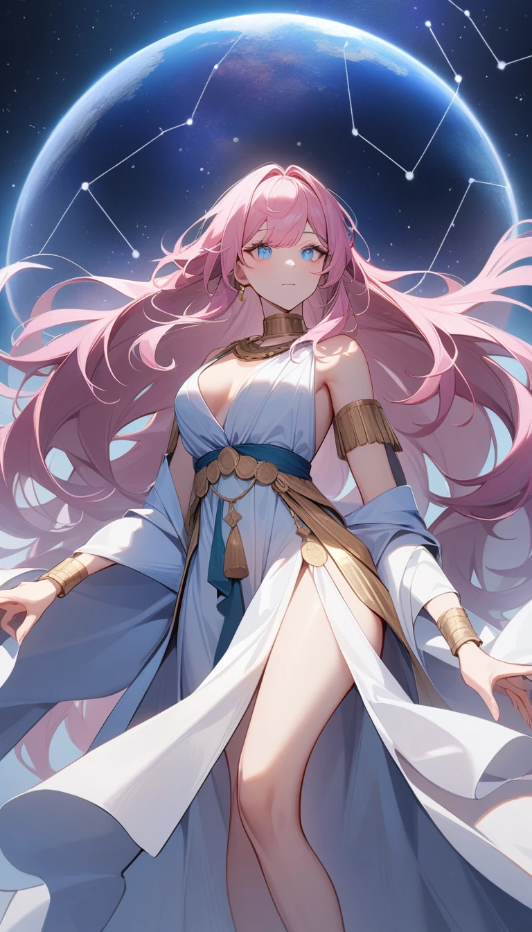(Huang Li、high quality、Extremely detailed),Constellation - Virgo,Similar to Latin goodness,brave,capricious,Productivity,The face of enterprising and humanitarianism,Pink long hair,Ancient Greek costumes、Wrap Dress,The background is the universe,Crystal blue eyes(Eyes Details),Powerful appearance,Correct finger,Correct anatomy