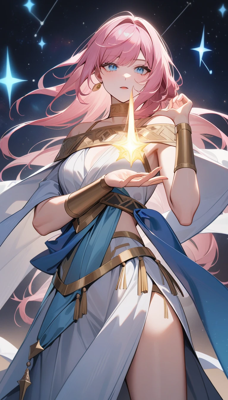(Huang Li、high quality、Extremely detailed),Constellation - Virgo,Similar to Latin goodness,brave,capricious,Productivity,The face of enterprising and humanitarianism,Pink hair,Ancient Greek costumes、Wrap Dress,The background is the universe,Light crystal blue eyes(Eyes Details),Powerful appearance