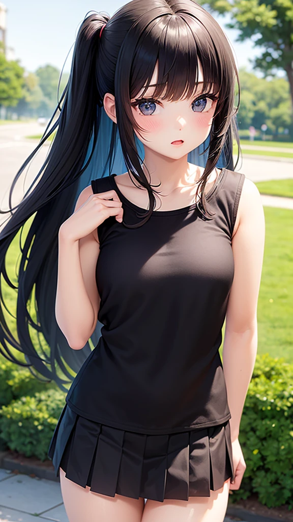 {{ultra-detailed}}, {{{masterpiece}}}, {{{best quality}}}, {{detailed beautiful face and eyes}},{{super detailed skin}},professional lighting,8K,very cute,{{nsfw}},
BREAK 1 girl,girl,young,,,solo,
BREAK (black eyes:1.2),very long hair,blunt bangs,hime cut, bangs, mekakure, black hair, (small_breasts:1.2),
BREAK head tilt, full-face blush,:o,white t-shirt,black pleated skirt,
BREAK cowboy shot,blurry_background,wind,park,looking at viewer,(very swety,gleaming skin:1.5)