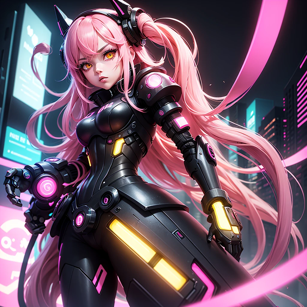 Lonely Android Girl with long pink hair in a pink suit with small yellow elements woman half cyborg modification look to the side Beautiful sexy with bright yellow eyes stands at full height with a half turn sideways Anime Style black background Cyberpunk style, Robot Girl, black background image of night black city and pink neon lights