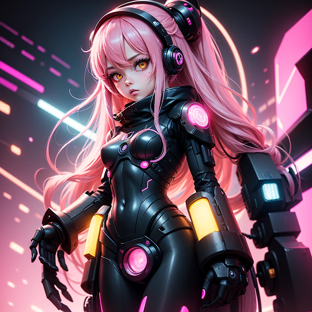 Lonely Android Girl with long pink hair in a pink suit with small yellow elements woman half cyborg modification look to the side Beautiful sexy with bright yellow eyes stands at full height with a half turn sideways Anime Style black background Cyberpunk style, Robot Girl, black background image of night black city and pink neon lights