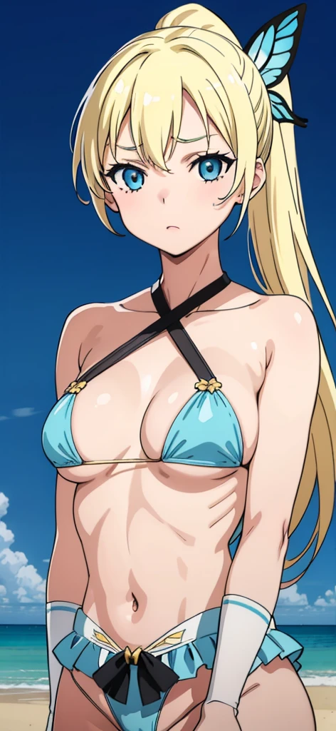 Seina Kashiwazaki, 1girl in, a blond, ponytail, butterfly hair ornament, (medium breast), Light blue micro bikini, (upper body:1.5), sand beach, dominant, dominatrix, yandere. 