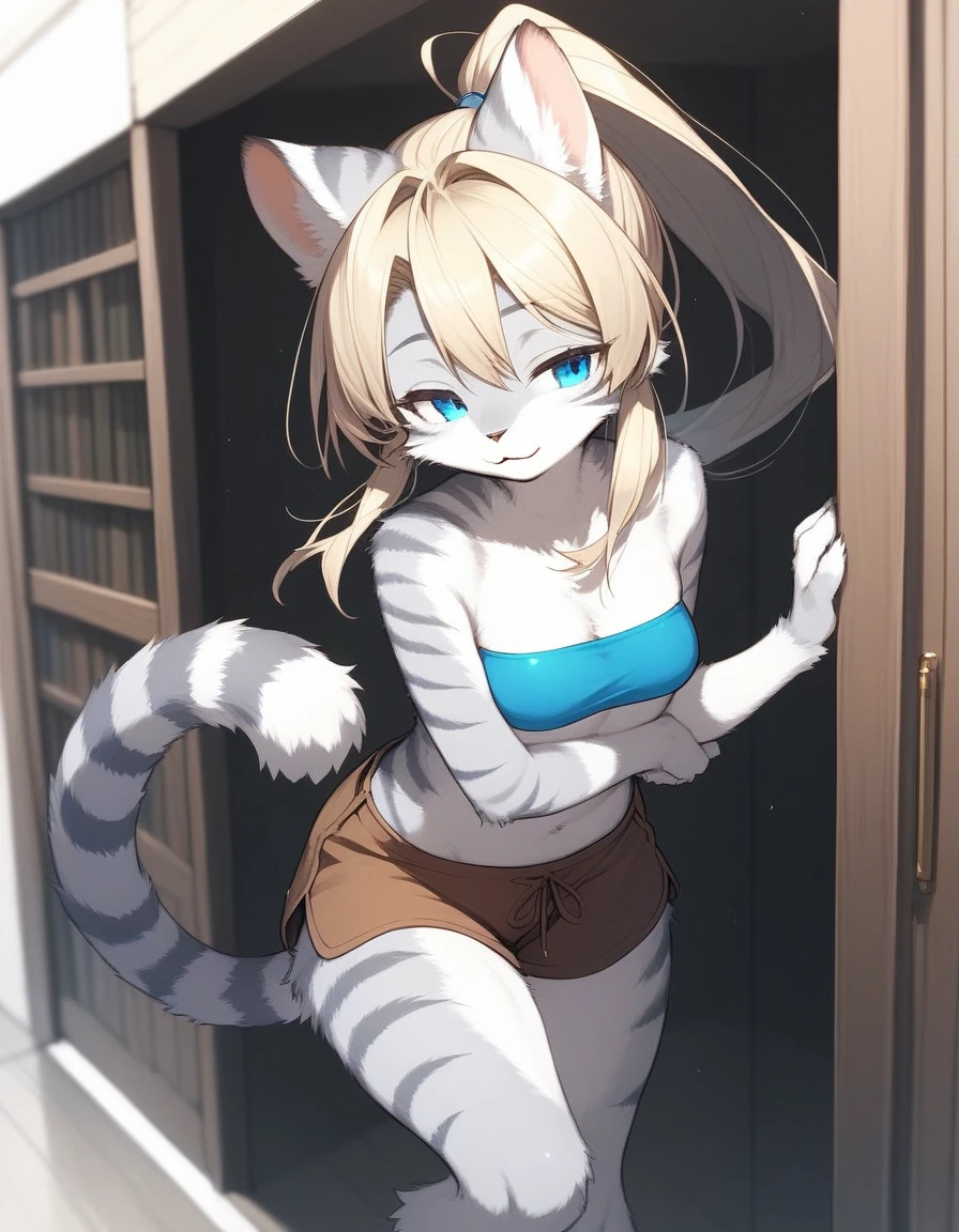 score_9,score_8_up,score_7_up, Kat, Anthro furry feline, silver fur, grey stripes on body, blue eyes, blonde hair, hair in ponytail, pink nose, :3, naked, kemono style, standing, indoors