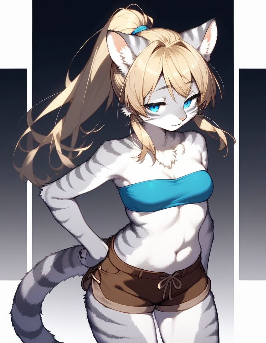 Solo, kemono style, score_9,score_8_up,score_7_up, source_furry, (Kat, Anthro furry feline girl, adult female, blue eyes, blonde hair, (hair in a ponytail):1.3, eyes half closed, silver fur, grey stripes, tail), wearing blue bandeau, brown shorts, standing,