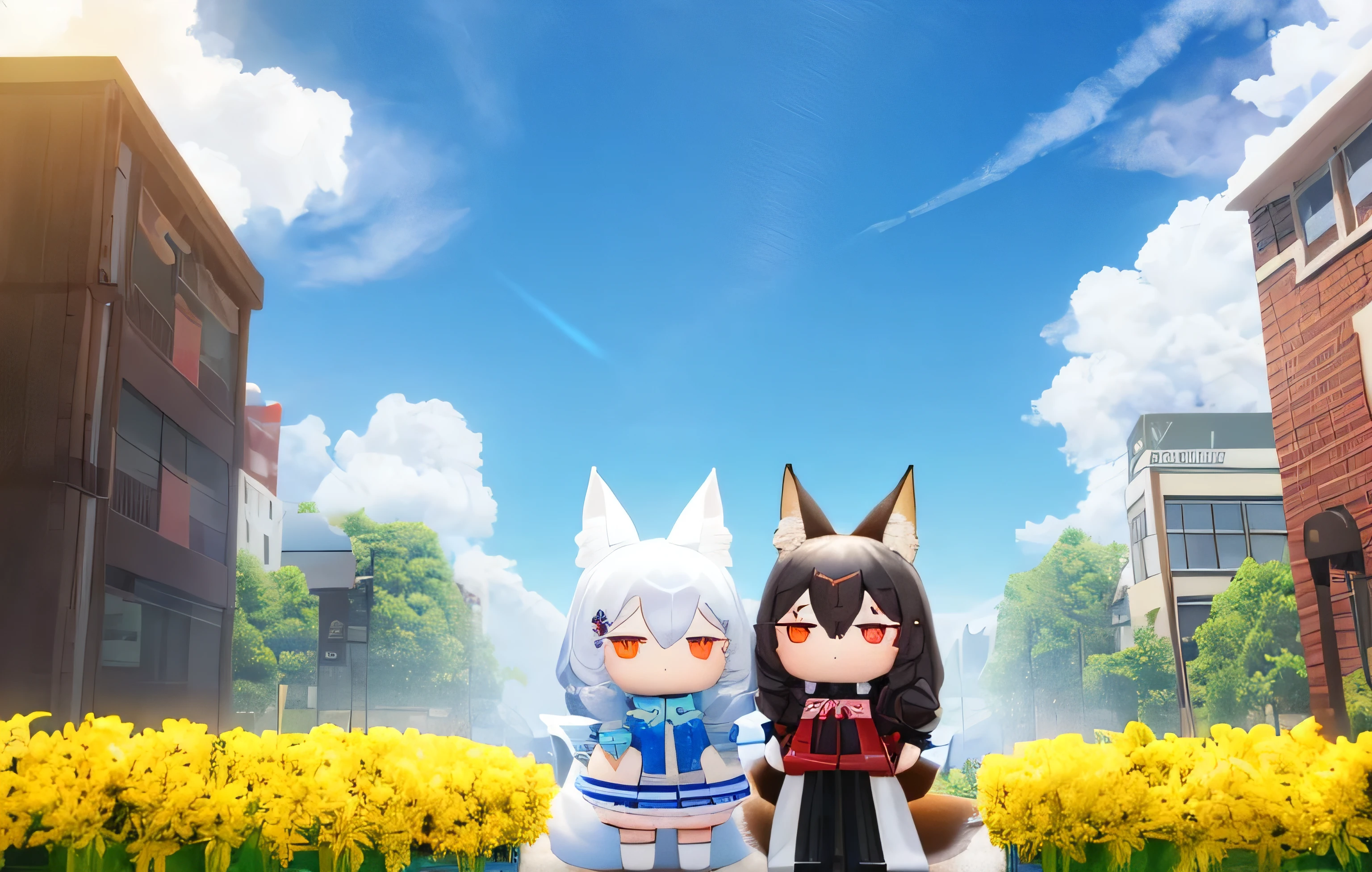 Florist employee、Глухая коробка Pop Mart IP、Close-up of a cute doll in a white robe、Young angel style、Wear longer, Dress loosely、Lop style、Poseline doll、Little people々々々々々々々々々々々々々々々々々々々々々々々々々々々々々。Unreal engine 5、World 3D/C4D Production: Качество 8K HD/illuminating/Description of ultra-thin lens 1.5、irreproachable、Background image/Cinematic。Tuna bowl、macadamia、(((７Foxes get along well)))