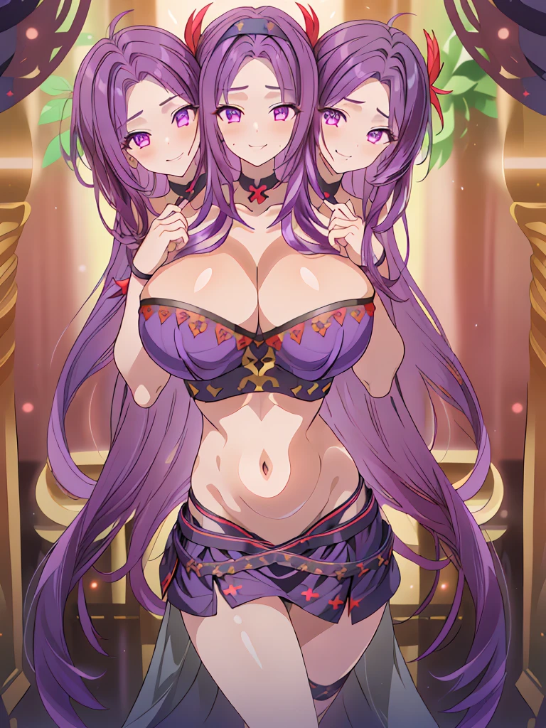 (masterpiece, best quality), best resolution, (3heads:1.5), 1girl, purple hair, long flowing hair, smiling, seductive smile, open belly, black crop top, dark purple miniskirt, open breasts, big tits, very huge tits, black headband, detailed eyes, beautiful eyes, alluring presence,