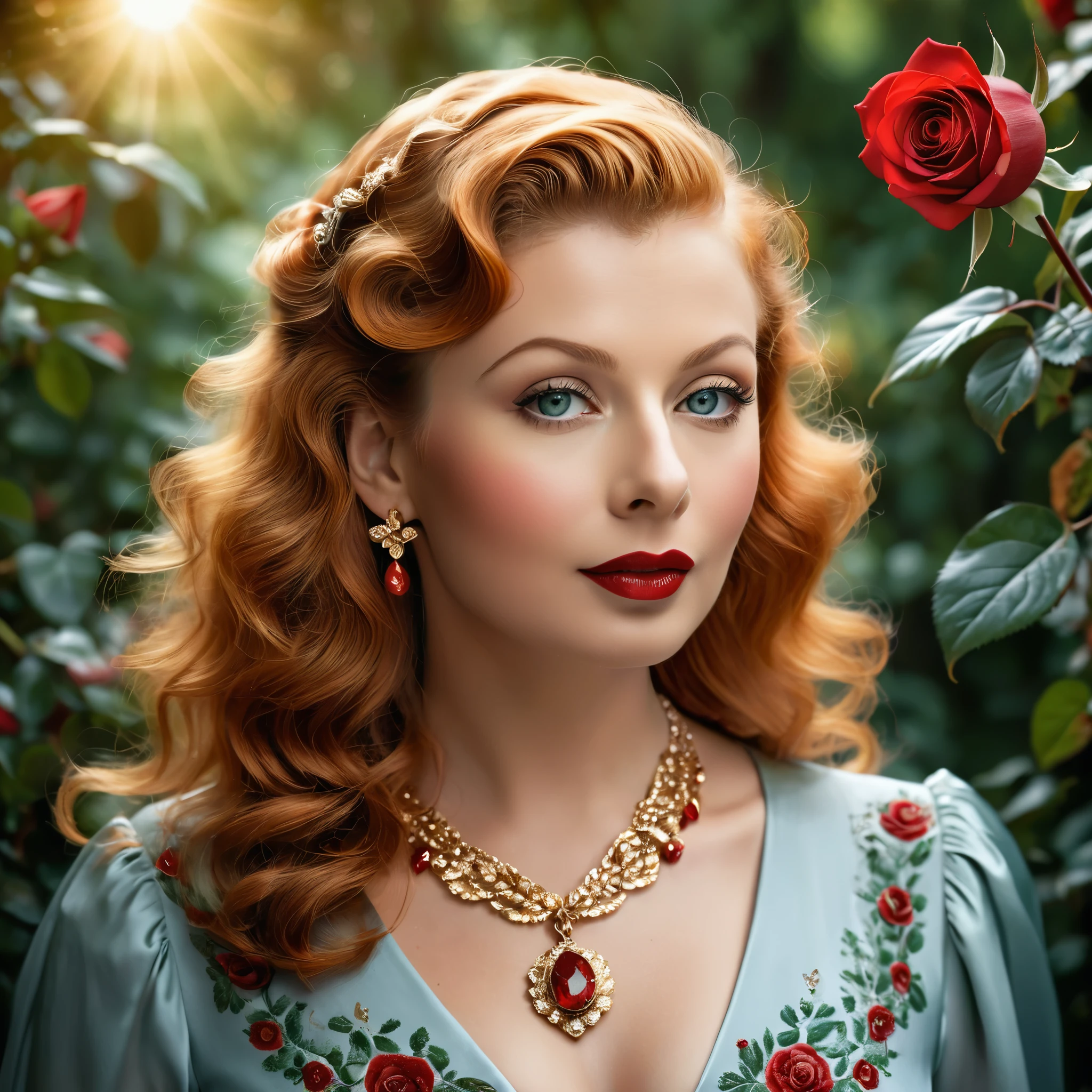 Create a highly detailed and realistic portrait of a young Lucille Ball with long, wavy red hair adorned with red roses. She has striking, expressive eyes and a calm, composed expression. She is wearing a vintage-style outfit with a necklace featuring a pendant. The background is a soft-focus natural setting with warm, dappled sunlight filtering through the leaves, enhancing the serene and romantic atmosphere. The style should be hyper-realistic with a touch of romanticism. Photo Realistic photo, vibrant colors, 16k