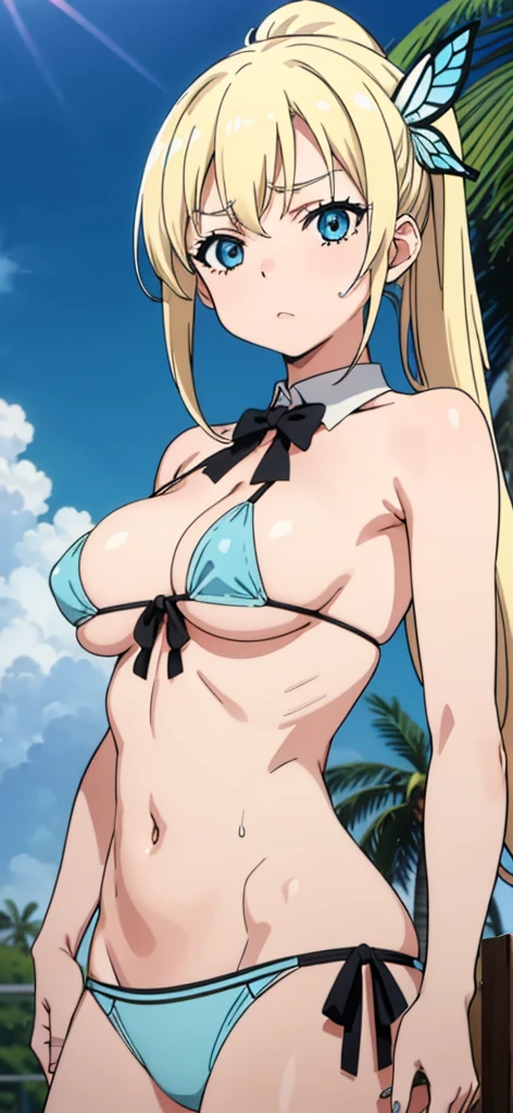 Seina Kashiwazaki, 1girl in, a blond, ponytail, butterfly hair ornament, (medium breast), Light blue micro bikini, (upper body:1.5), sand beach, dominant, dominatrix, yandere. 