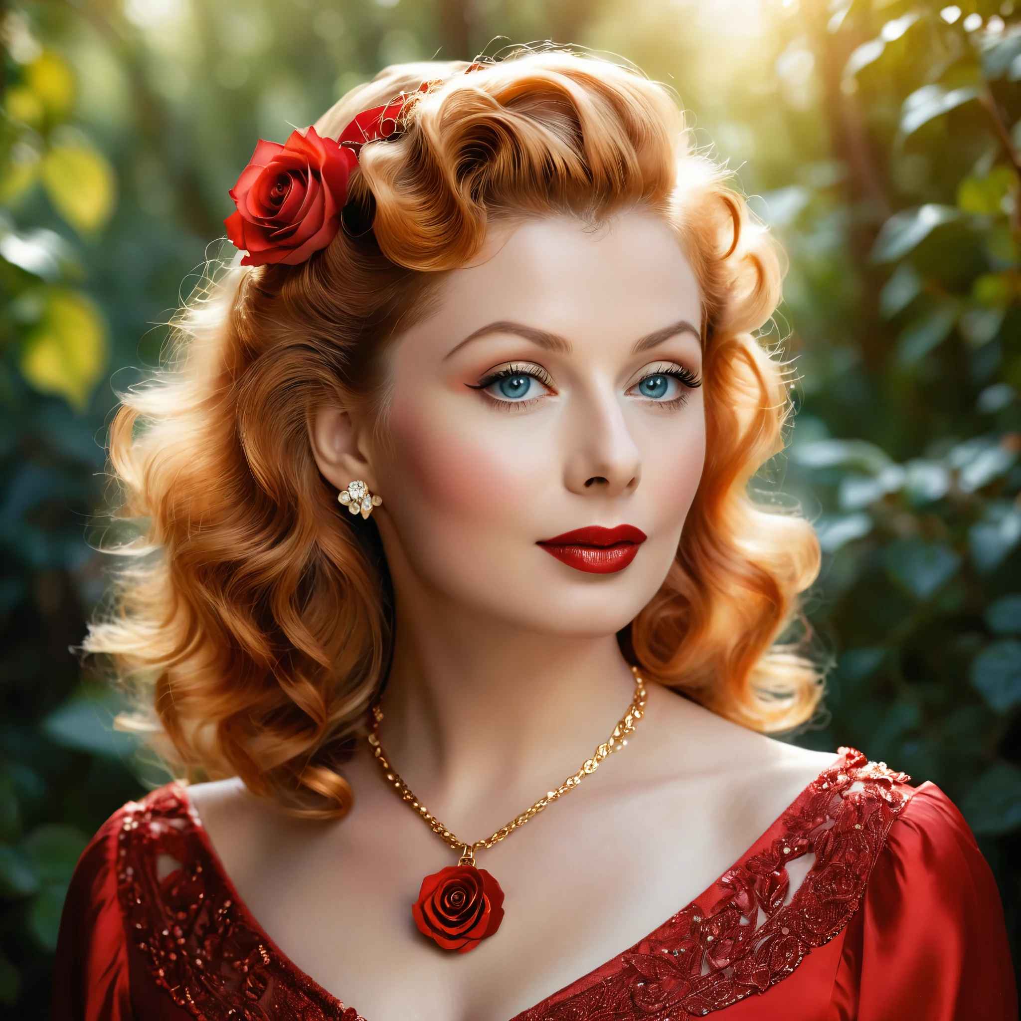 Create a highly detailed and realistic portrait of a young Lucille Ball with long, wavy red hair adorned with red roses. She has striking, expressive eyes and a calm, composed expression. She is wearing a vintage-style outfit with a necklace featuring a pendant. The background is a soft-focus natural setting with warm, dappled sunlight filtering through the leaves, enhancing the serene and romantic atmosphere. The style should be hyper-realistic with a touch of romanticism. Photo Realistic photo, vibrant colors, 16k