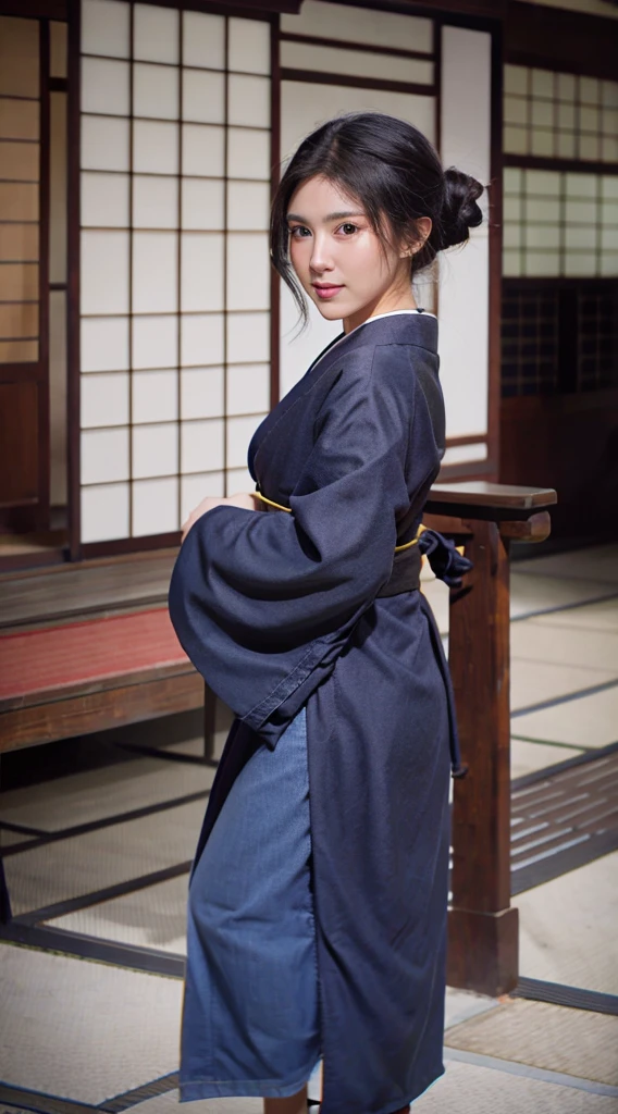 photorealistic, high resolution, 1women, mature female, solo, hips up, black hair, emma \(sekiro\), japanese clothes, kimono, single hair bun, haori, mature female
